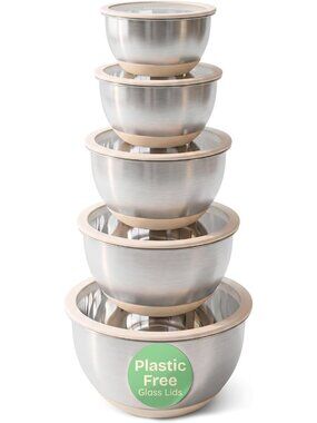 Eco-Friendly Stainless Steel Mixing Bowls Set with Glass Lids - 5 Pcs, Plastic